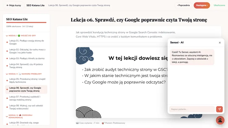 Asystent AI Sensei w lekcji kursu